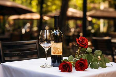 红酒玫瑰花情人约会的户外餐桌布置背景