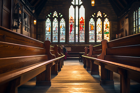 圣堂的空椅和彩色玻璃窗高清图片