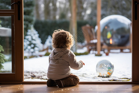 孩子眺望外面的雪地高清图片