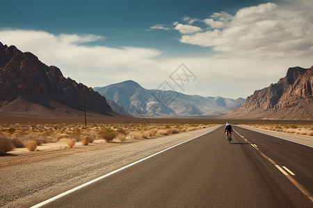 道路崎岖崎岖道路上孤独骑行的骑行者背景