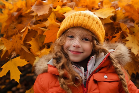 秋天公园中快乐的小女孩背景图片