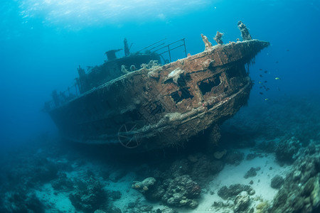 沉船遗迹下的海底世界背景图片