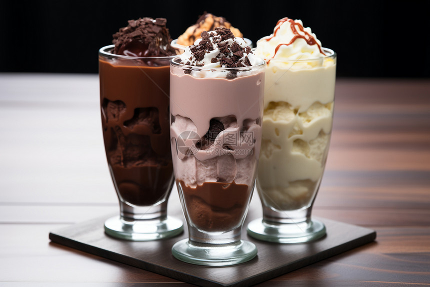 三杯美味的冰淇淋甜点图片