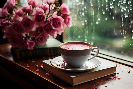 雨天咖啡窗前桌上的和咖啡背景