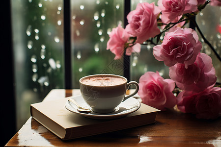 雨天咖啡窗前的书香花艳背景