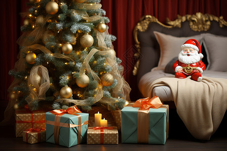 圣诞树下有礼物和圣诞老人背景图片