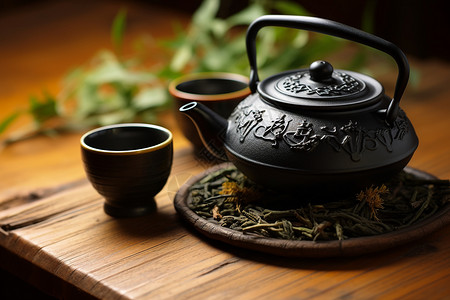 木桌上一只茶壶和一个茶杯背景图片