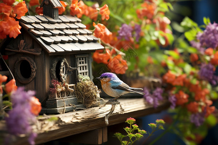 花园中的木质鸟窝背景图片