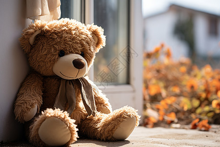 手绘小熊布偶窗台上的玩偶小熊背景