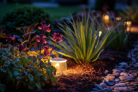 夜晚花园中的灯光和植物背景图片