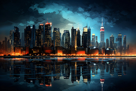 水面反射夜幕下的城市插画