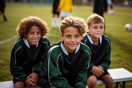 扁平化运动球员三个年轻男孩在足球场的长椅上背景