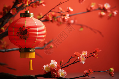 春节花灯照亮红墙花枝背景图片