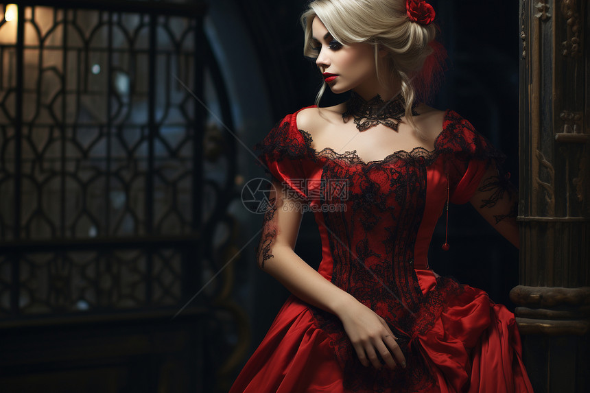 时髦的红裙少女图片