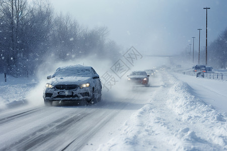 冬季驾驶冬季风雪中行驶的汽车背景
