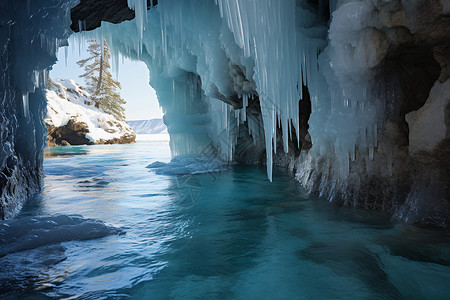 冰雪洞中的冰河景观背景图片