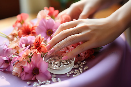 桌面上美丽的花朵和指甲背景图片