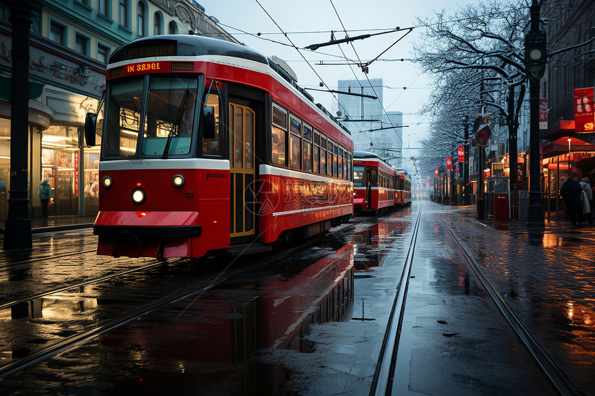 雨中行驶的有轨电车图片