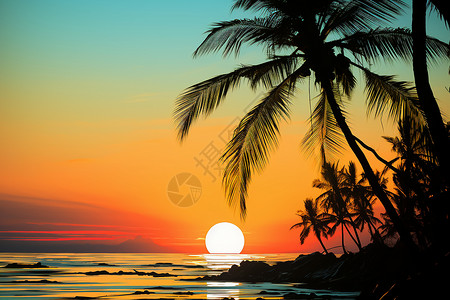夕阳下的椰树背景图片