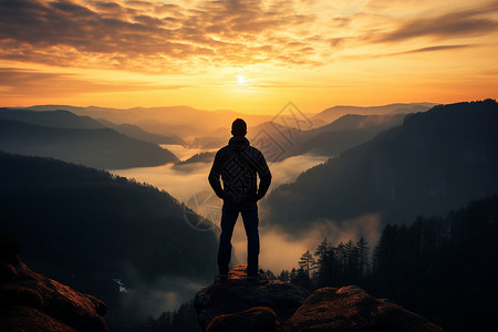 站在山顶欣赏日出的男人背景