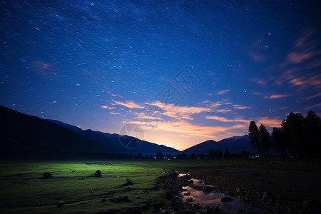 星空下的草原河流背景图片