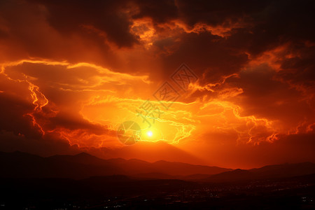 云海晚霞夕阳余晖下的山脉背景