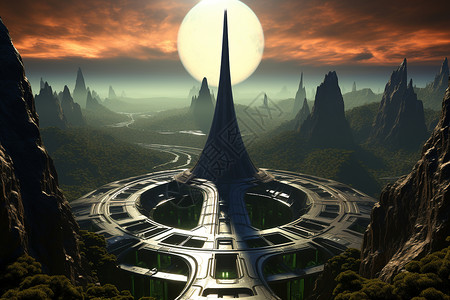满月下的未来城市背景图片