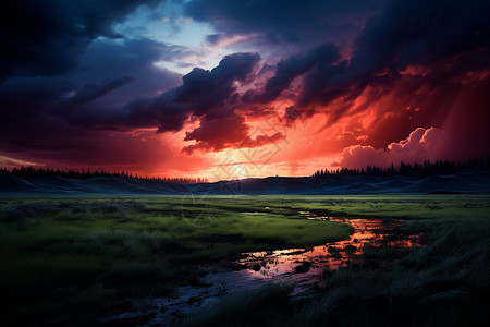 傍晚草原上的河流背景图片