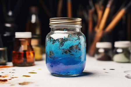油彩画笔玻璃瓶里的油彩背景
