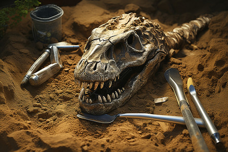 远古动物泥土里的恐龙头骨背景