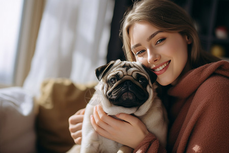 凯哥抱着巴哥犬的女孩背景