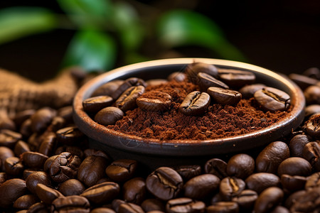 咖啡粉上的咖啡豆背景图片