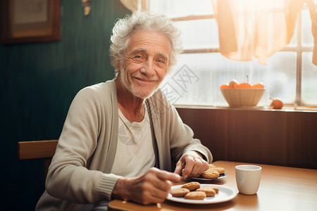 床边桌子吃点心的老人高清图片