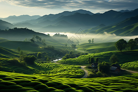 花间小路山脉间的美丽背景