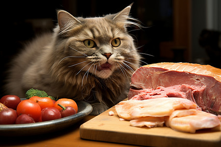 猫盯着食物背景图片