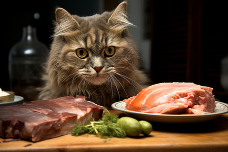 动物肉猫盯着肉和橙子背景