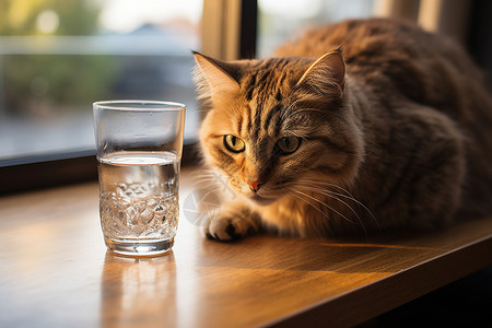 城市视角下一只肥美的猫咪坐在桌子上旁边是一杯水和一扇窗背景图片