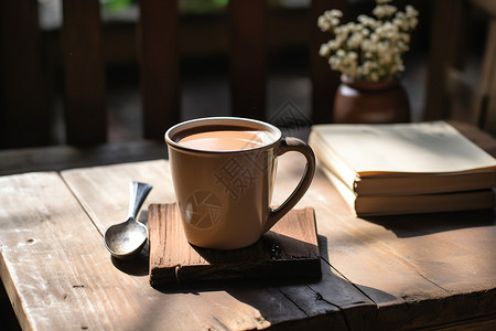 木质桌上有一杯咖啡背景图片