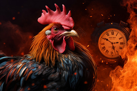 飞禽类动物一只公鸡在火焰背景下设计图片