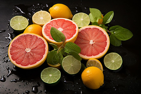 一组新鲜的柚子和柠檬背景图片