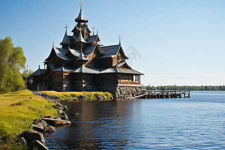 教堂湖面反射湖边的建筑背景
