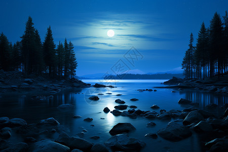 水面月光夜幕下的湖畔背景