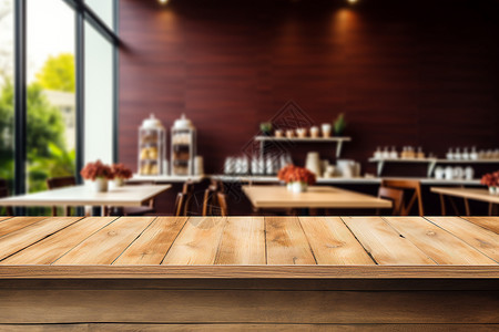 餐厅木质桌前的美景与吧台背景图片