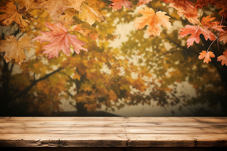 秋叶覆满木质桌面背景图片