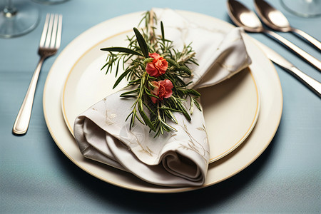 盘子里的餐巾鲜花背景图片