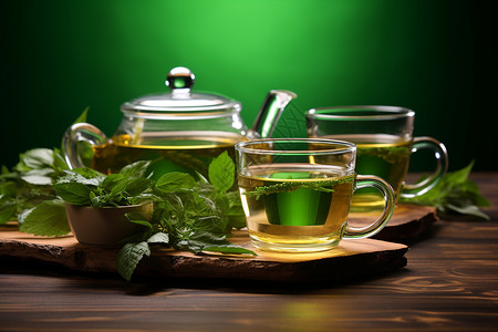 绿茶与茶壶背景图片