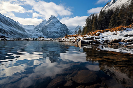 冰雪山脉与湖泊间的景色背景图片