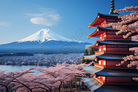 樱花树和富士山背景图片