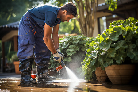 给花园清洁浇水的男子背景图片