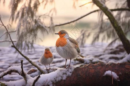 雪中两只鸟栖息在树枝上背景图片